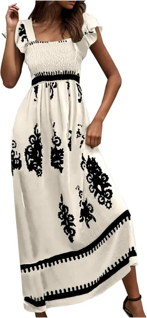 Vacation Dresses for Women 2025 Holiday Style Printed Sundress Summer Dress Square Neck Beach Sundresses