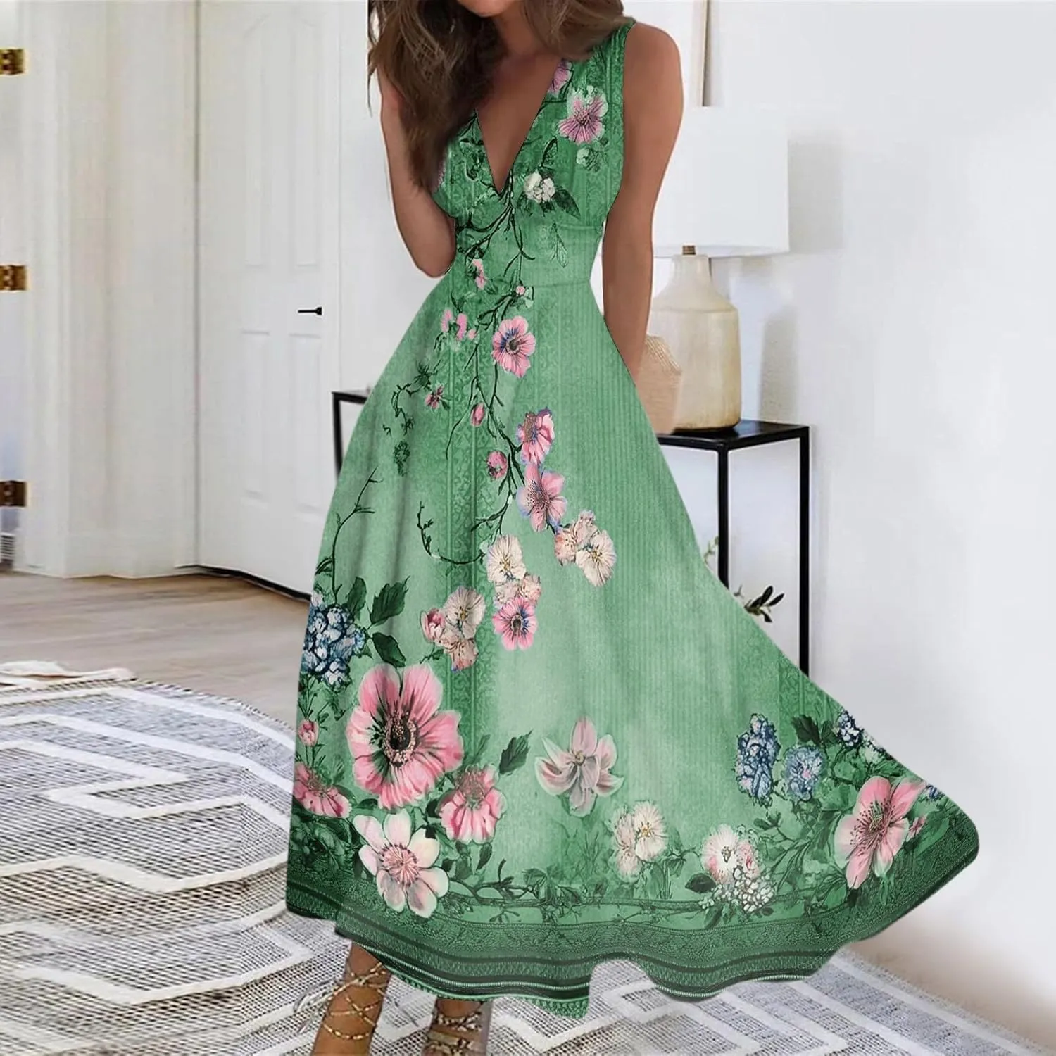 Vacation Dresses for Women 2025 Summer Beach Plus Size V-Neck Sleeveless Fashion Flowy Floral Printing Long Dress Blues