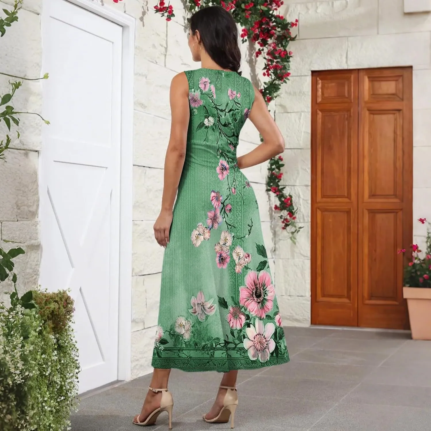 Vacation Dresses for Women 2025 Summer Beach Plus Size V-Neck Sleeveless Fashion Flowy Floral Printing Long Dress Blues