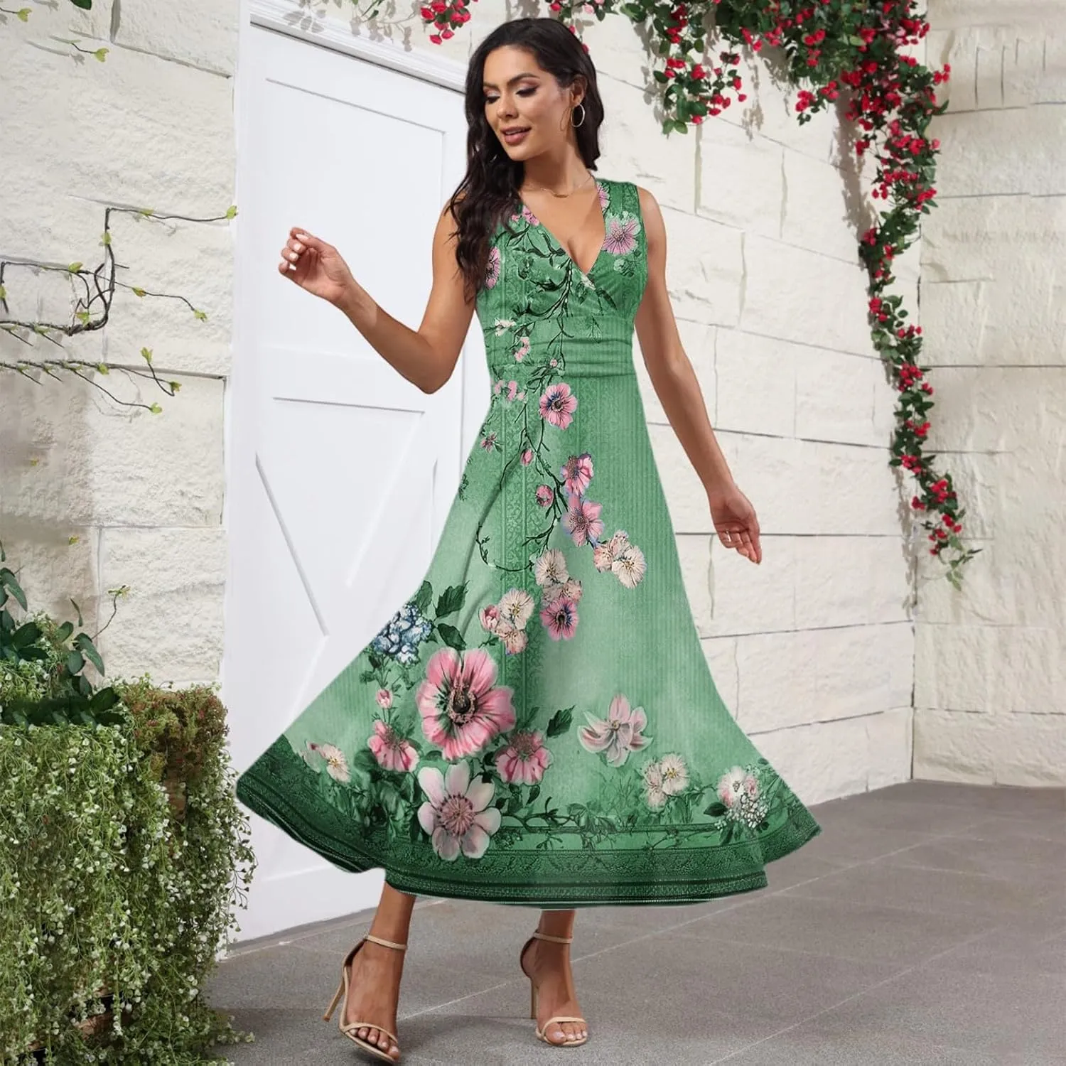 Vacation Dresses for Women 2025 Summer Beach Plus Size V-Neck Sleeveless Fashion Flowy Floral Printing Long Dress Blues