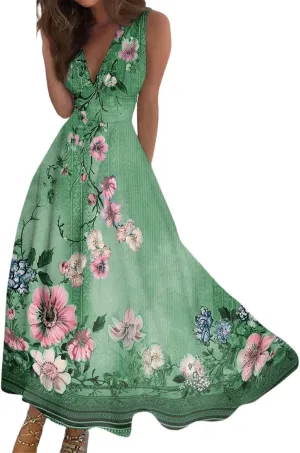 Vacation Dresses for Women 2025 Summer Beach Plus Size V-Neck Sleeveless Fashion Flowy Floral Printing Long Dress Blues