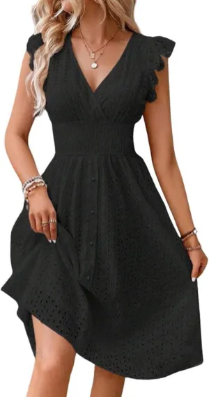 Vacation Dresses for Women 2025 Summer Trendy Eyelet Lace Ruffle Sleeve V Neck Midi Dress Flowy A Line Sundress