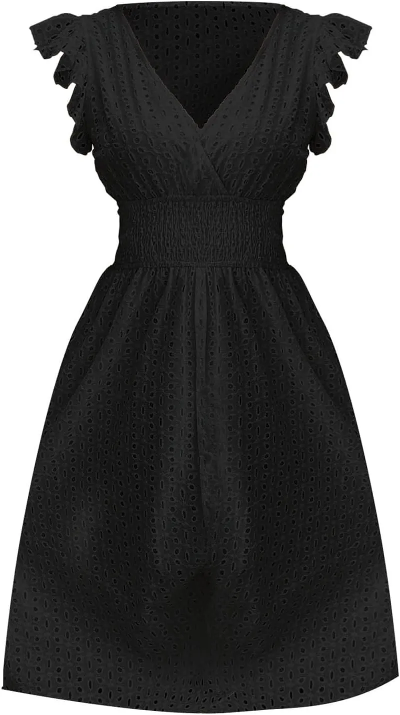 Vacation Dresses for Women 2025 Summer Trendy Eyelet Lace Ruffle Sleeve V Neck Midi Dress Flowy A Line Sundress