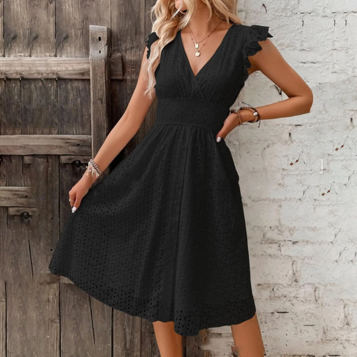 Vacation Dresses for Women 2025 Summer Trendy Eyelet Lace Ruffle Sleeve V Neck Midi Dress Flowy A Line Sundress