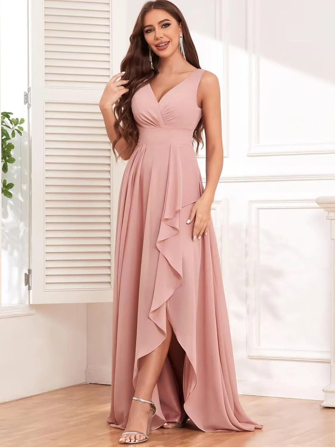 VCCICANY Chiffon Bridesmaid Dresses with Slit V Neck Ruffle Ruched Long Formal Dress for Wedding