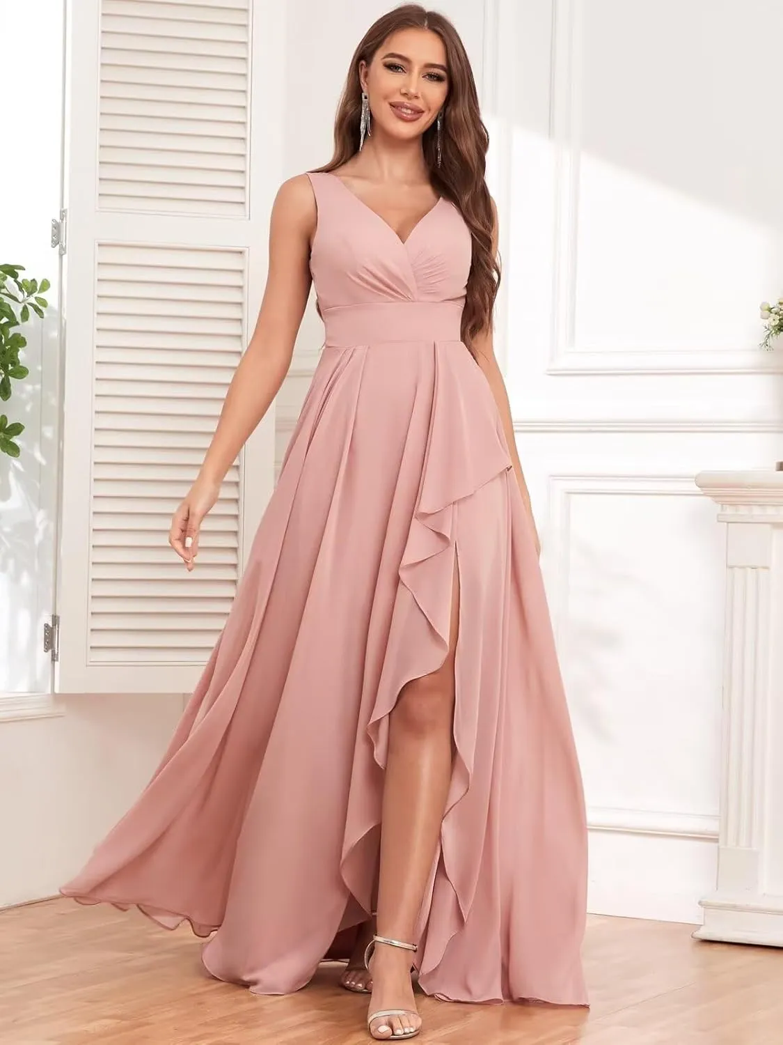 VCCICANY Chiffon Bridesmaid Dresses with Slit V Neck Ruffle Ruched Long Formal Dress for Wedding