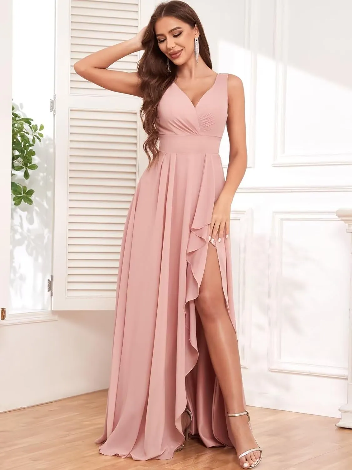 VCCICANY Chiffon Bridesmaid Dresses with Slit V Neck Ruffle Ruched Long Formal Dress for Wedding
