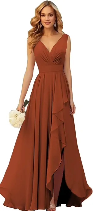 VCCICANY Chiffon Bridesmaid Dresses with Slit V Neck Ruffle Ruched Long Formal Dress for Wedding