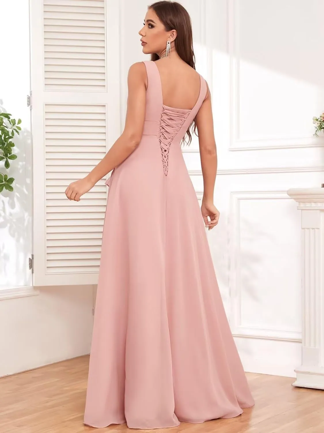 VCCICANY Chiffon Bridesmaid Dresses with Slit V Neck Ruffle Ruched Long Formal Dress for Wedding