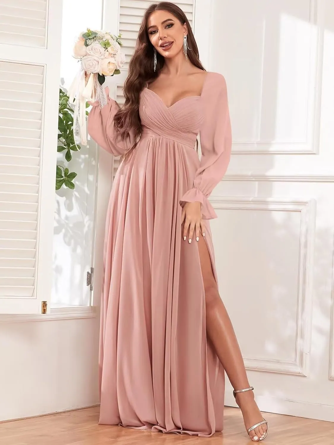 VCCICANY Long Sleeve Bridesmaid Dresses for Women Chiffon Pleated Formal Evening Gowns with Slit