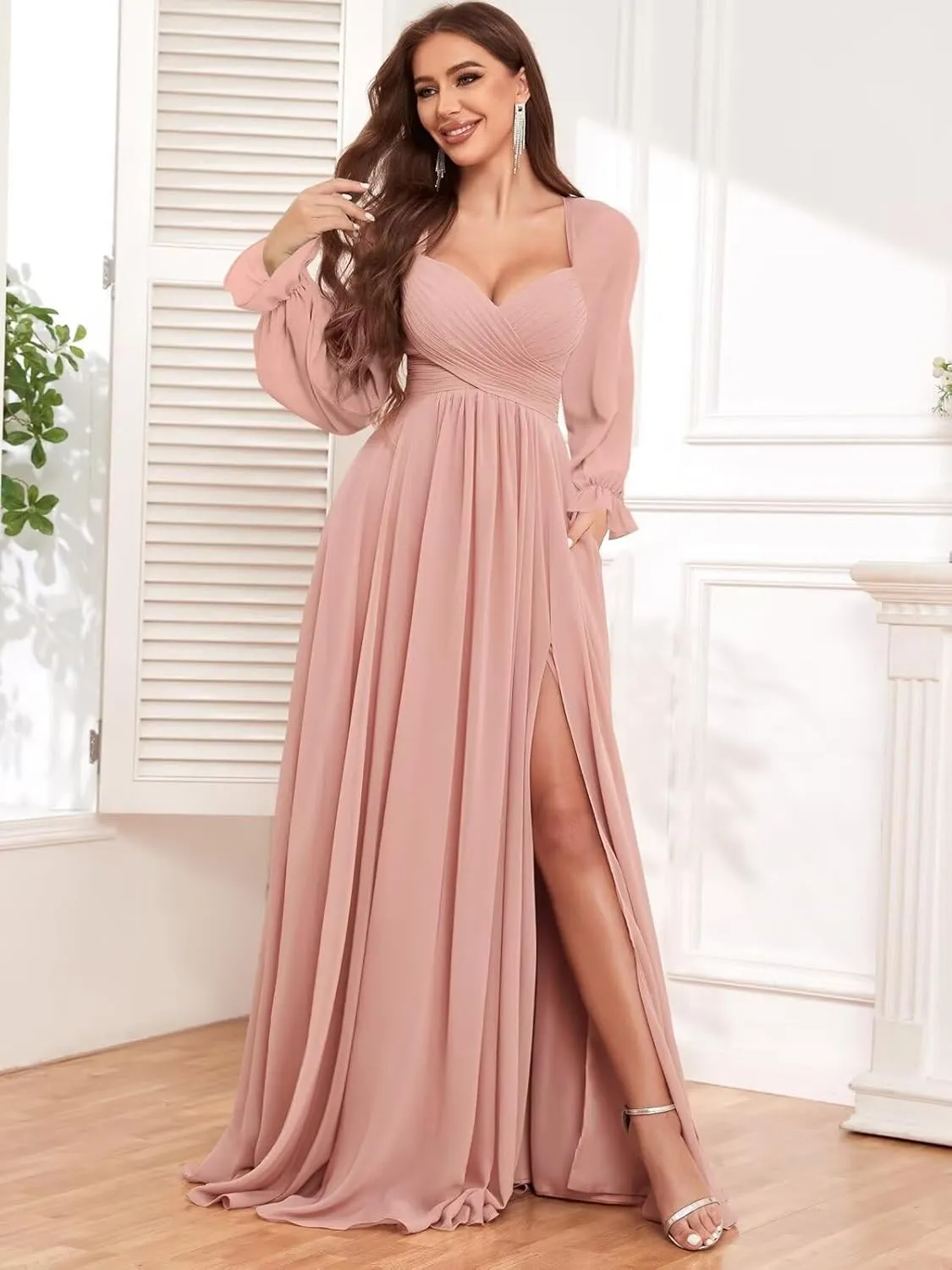 VCCICANY Long Sleeve Bridesmaid Dresses for Women Chiffon Pleated Formal Evening Gowns with Slit
