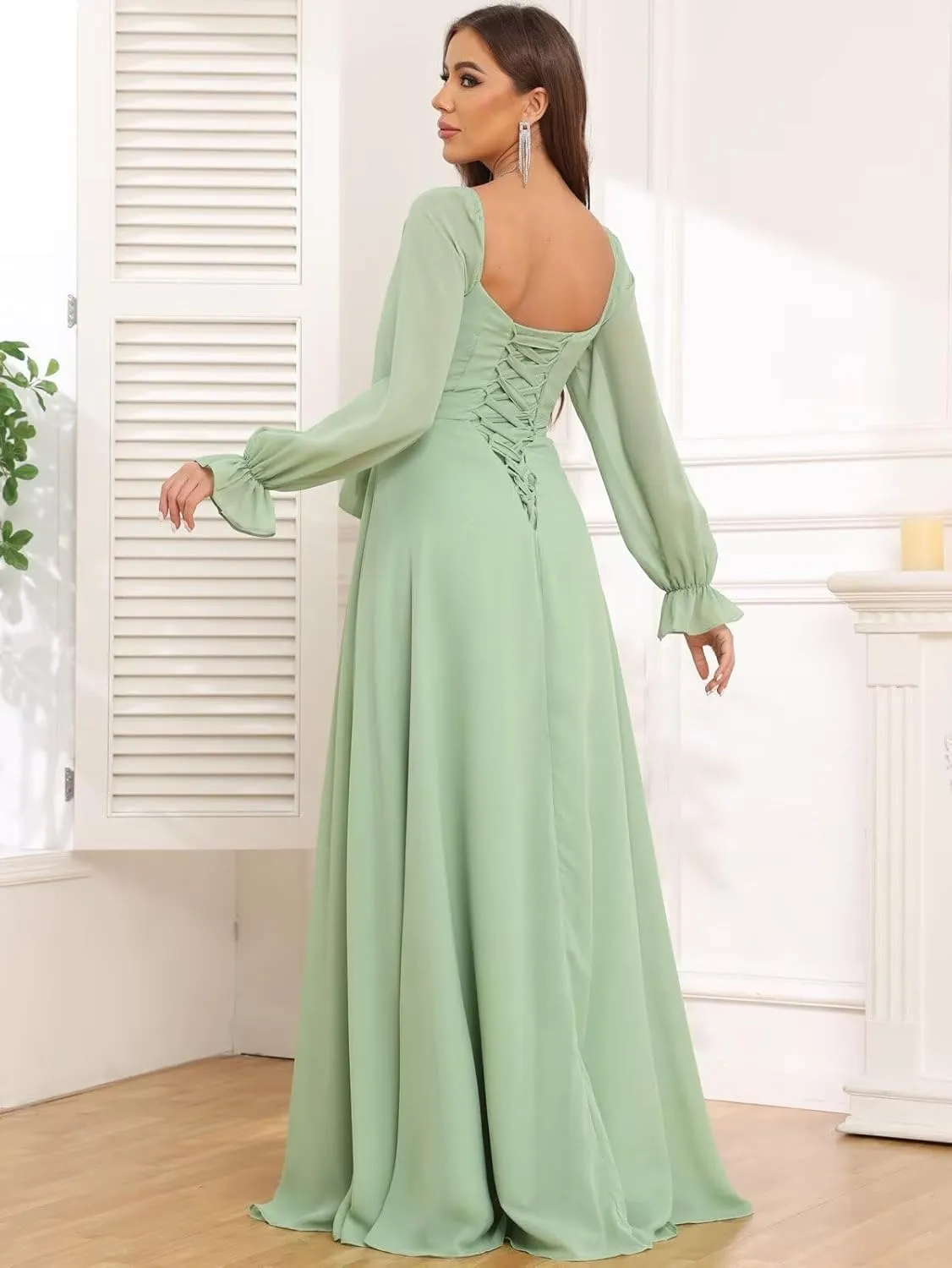 VCCICANY Long Sleeve Bridesmaid Dresses for Women Chiffon Pleated Formal Evening Gowns with Slit
