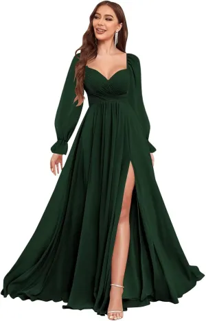 VCCICANY Long Sleeve Bridesmaid Dresses for Women Chiffon Pleated Formal Evening Gowns with Slit