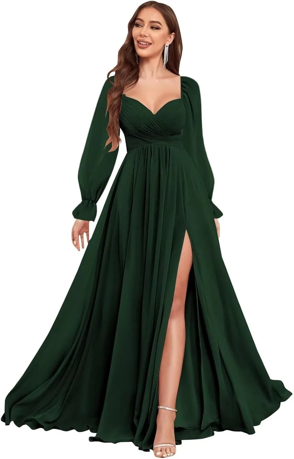 VCCICANY Long Sleeve Bridesmaid Dresses for Women Chiffon Pleated Formal Evening Gowns with Slit