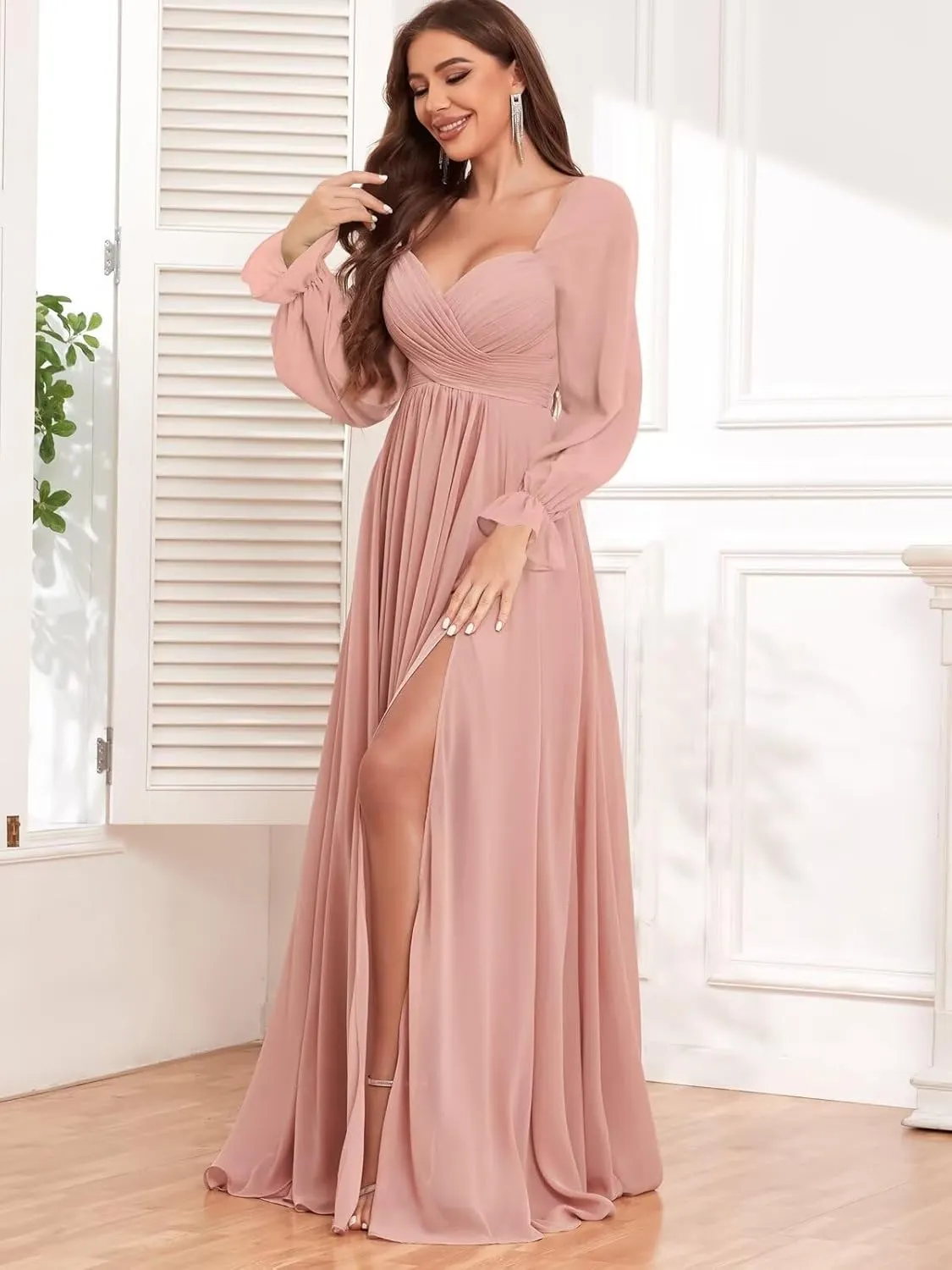 VCCICANY Long Sleeve Bridesmaid Dresses for Women Chiffon Pleated Formal Evening Gowns with Slit