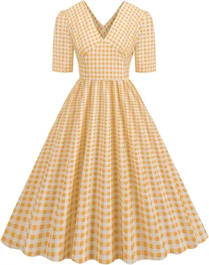 Vintage Dress for Women Semi-Formal 1950s Polka Dots V-Neck Swing A-Line Rockabilly Midi Dresses Garden Party Dresses