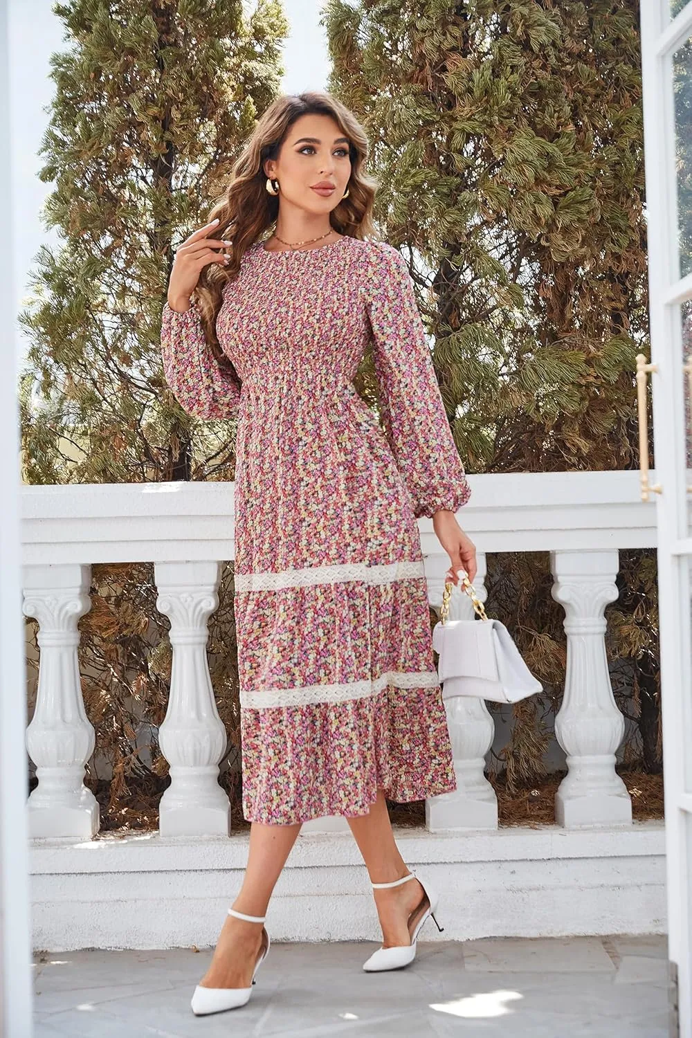 VintageClothing Women's Fall Midi Dress Long Sleeve Casual Crew Neck High Waist Smocked Long Dress with Pockets