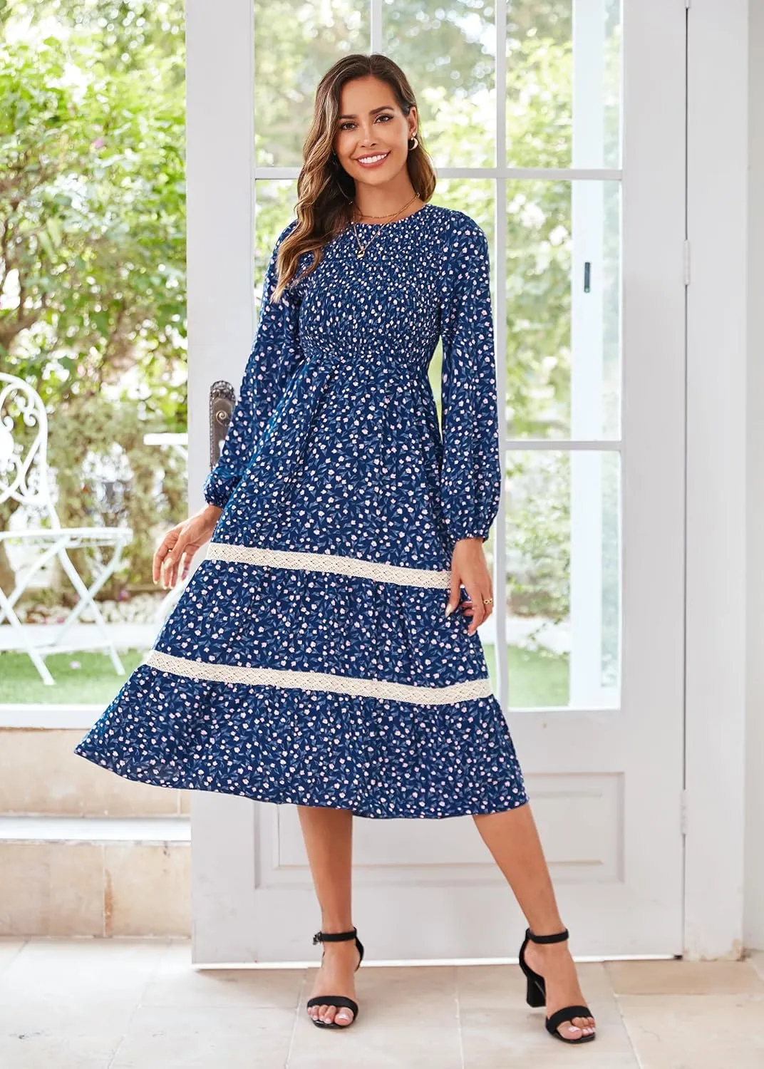 VintageClothing Women's Fall Midi Dress Long Sleeve Casual Crew Neck High Waist Smocked Long Dress with Pockets