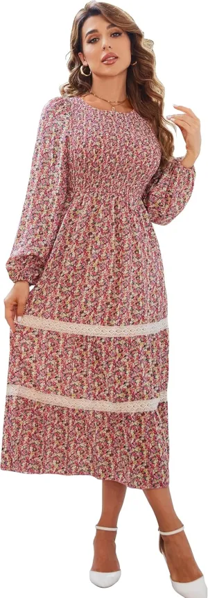 VintageClothing Women's Fall Midi Dress Long Sleeve Casual Crew Neck High Waist Smocked Long Dress with Pockets