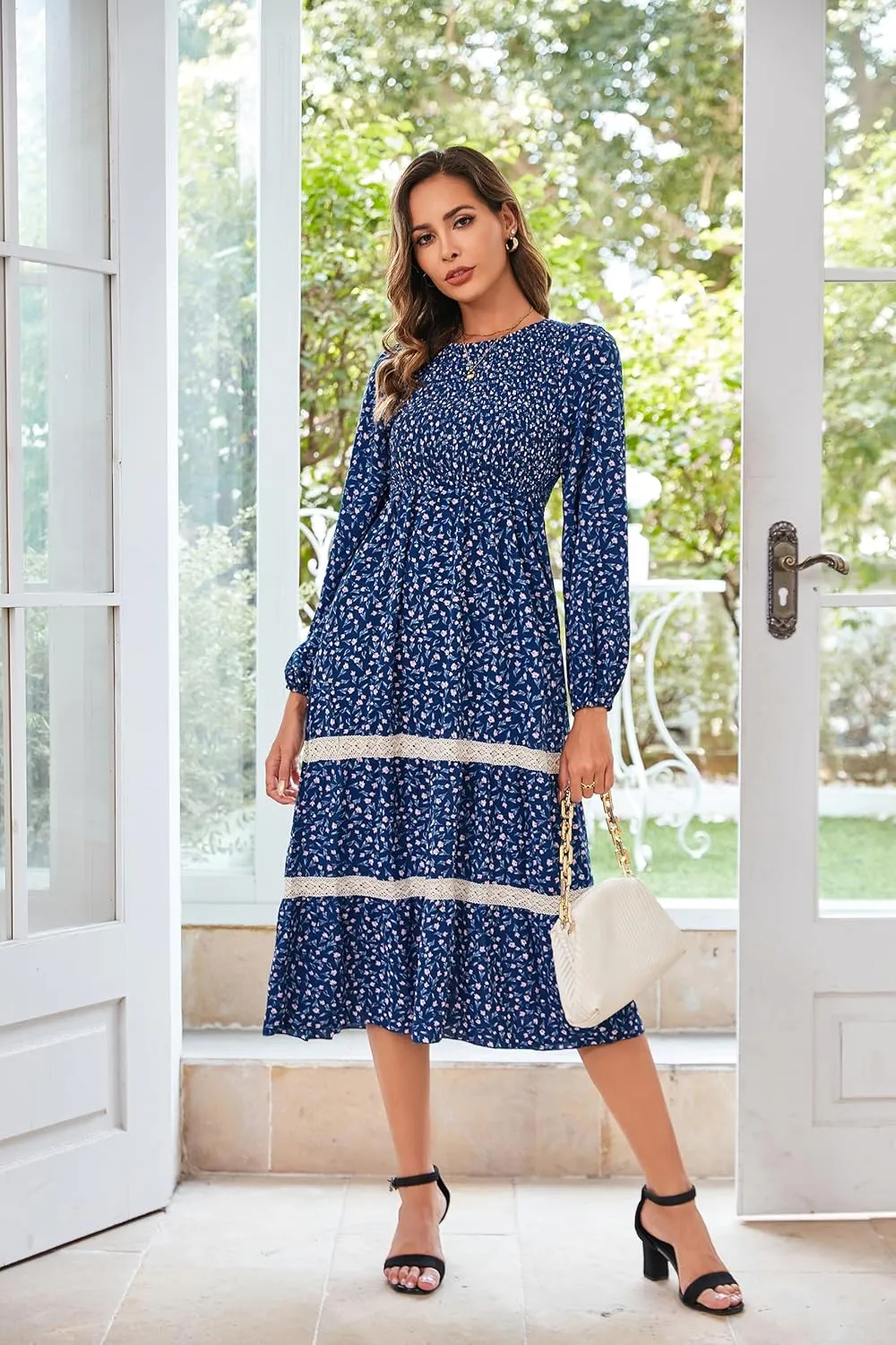 VintageClothing Women's Fall Midi Dress Long Sleeve Casual Crew Neck High Waist Smocked Long Dress with Pockets