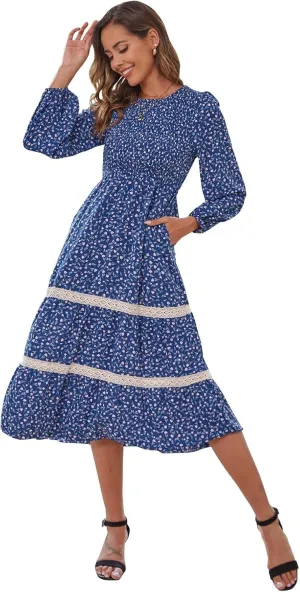 VintageClothing Women's Fall Midi Dress Long Sleeve Casual Crew Neck High Waist Smocked Long Dress with Pockets