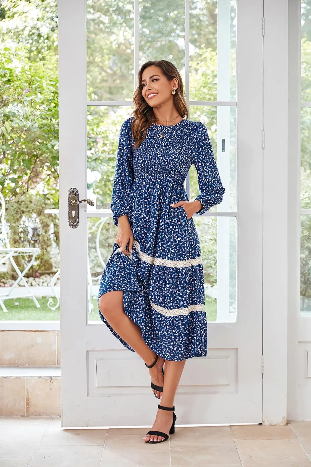 VintageClothing Women's Fall Midi Dress Long Sleeve Casual Crew Neck High Waist Smocked Long Dress with Pockets