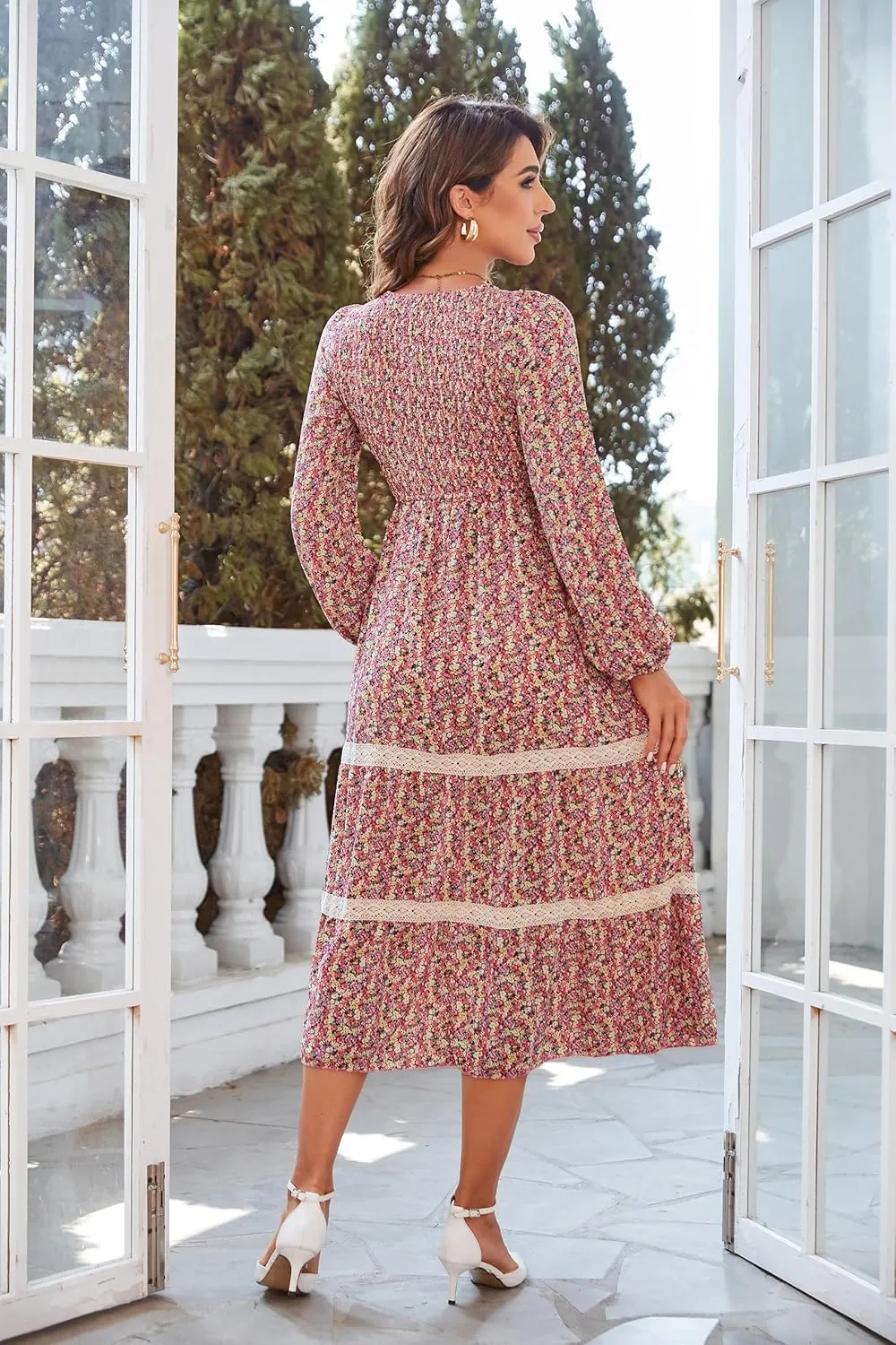 VintageClothing Women's Fall Midi Dress Long Sleeve Casual Crew Neck High Waist Smocked Long Dress with Pockets