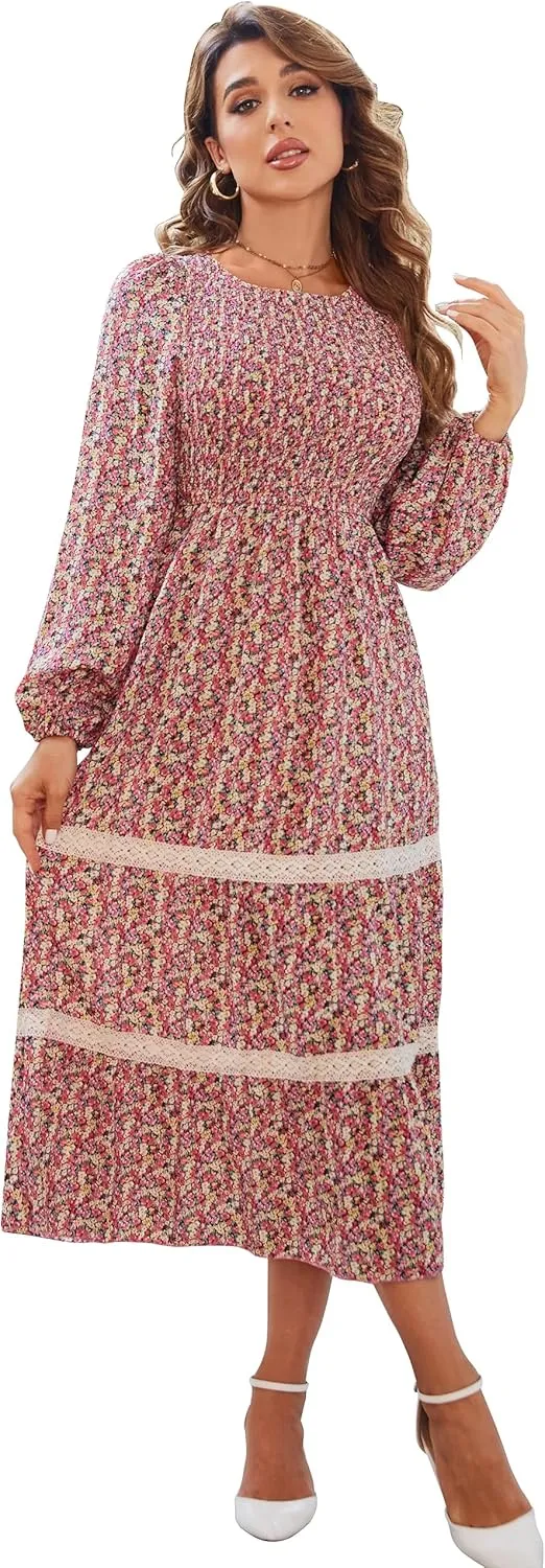 VintageClothing Women's Fall Midi Dress Long Sleeve Casual Crew Neck High Waist Smocked Long Dress with Pockets