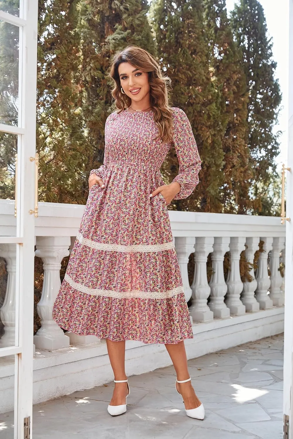 VintageClothing Women's Fall Midi Dress Long Sleeve Casual Crew Neck High Waist Smocked Long Dress with Pockets