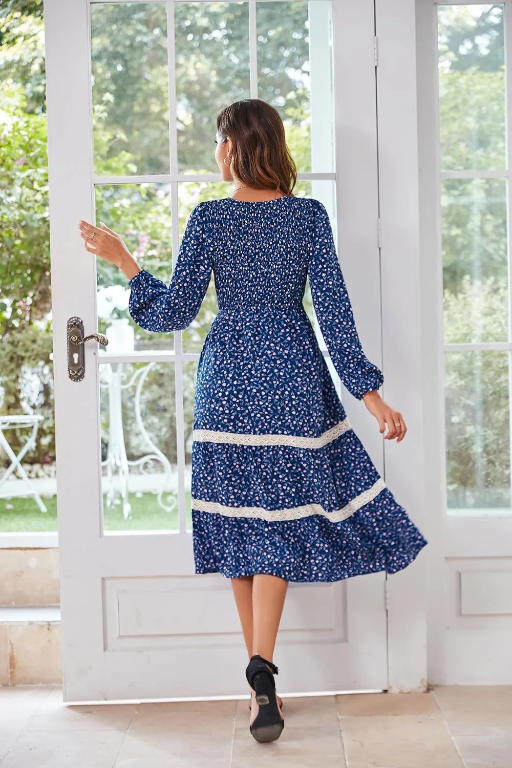 VintageClothing Women's Fall Midi Dress Long Sleeve Casual Crew Neck High Waist Smocked Long Dress with Pockets