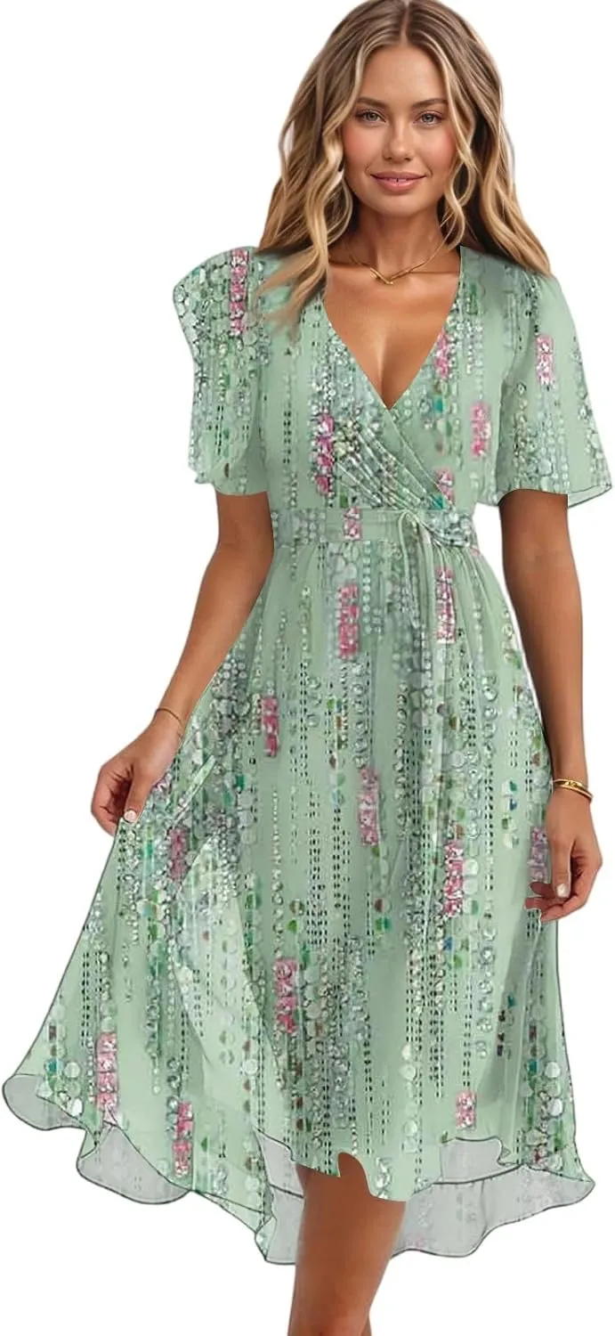 Wedding Guest Dress,Prom Cocktail Summer Sexy Dresses for Women Wrap Flowy Chiffon Womens Midi Dress