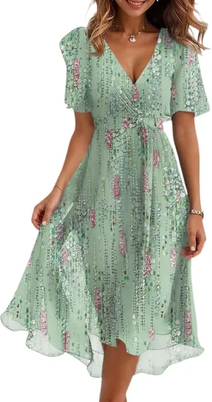 Wedding Guest Dress,Prom Cocktail Summer Sexy Dresses for Women Wrap Flowy Chiffon Womens Midi Dress