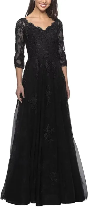 Wedding Guest Mother of The Bride Dress 3/4 Sleeves Tulle Lace Appliques Dresses Long Evening Dresses
