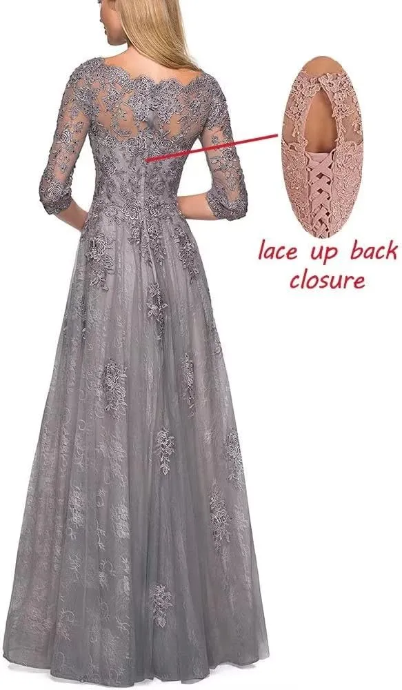 Wedding Guest Mother of The Bride Dress 3/4 Sleeves Tulle Lace Appliques Dresses Long Evening Dresses