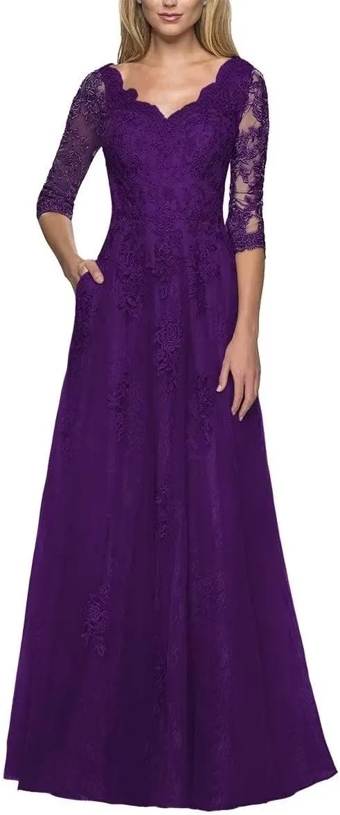 Wedding Guest Mother of The Bride Dress 3/4 Sleeves Tulle Lace Appliques Dresses Long Evening Dresses