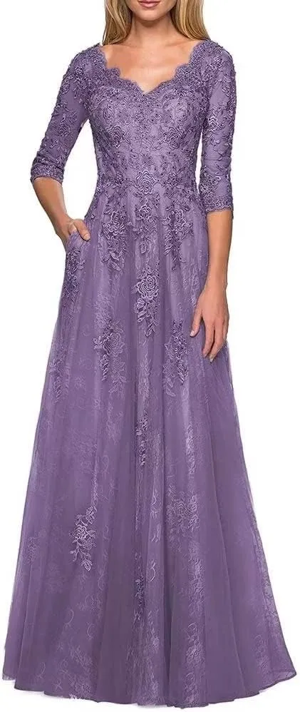 Wedding Guest Mother of The Bride Dress 3/4 Sleeves Tulle Lace Appliques Dresses Long Evening Dresses