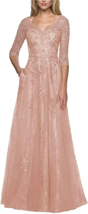 Wedding Guest Mother of The Bride Dress 3/4 Sleeves Tulle Lace Appliques Dresses Long Evening Dresses