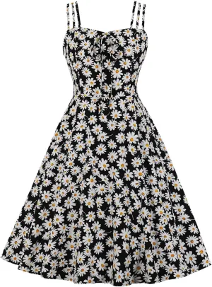Women 1950s Retro Dress Daisy Print Swing Cocktail Dresses Spaghetti Straps Tie Front Plus Size Cute Tea Party Dress