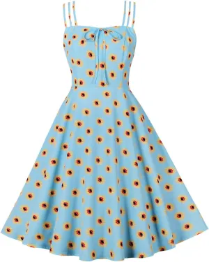 Women 1950s Retro Dress Daisy Print Swing Cocktail Dresses Spaghetti Straps Tie Front Plus Size Cute Tea Party Dress