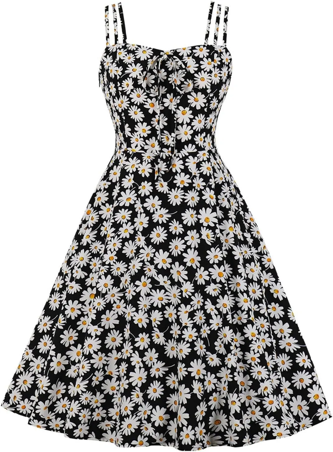 Women 1950s Retro Dress Daisy Print Swing Cocktail Dresses Spaghetti Straps Tie Front Plus Size Cute Tea Party Dress