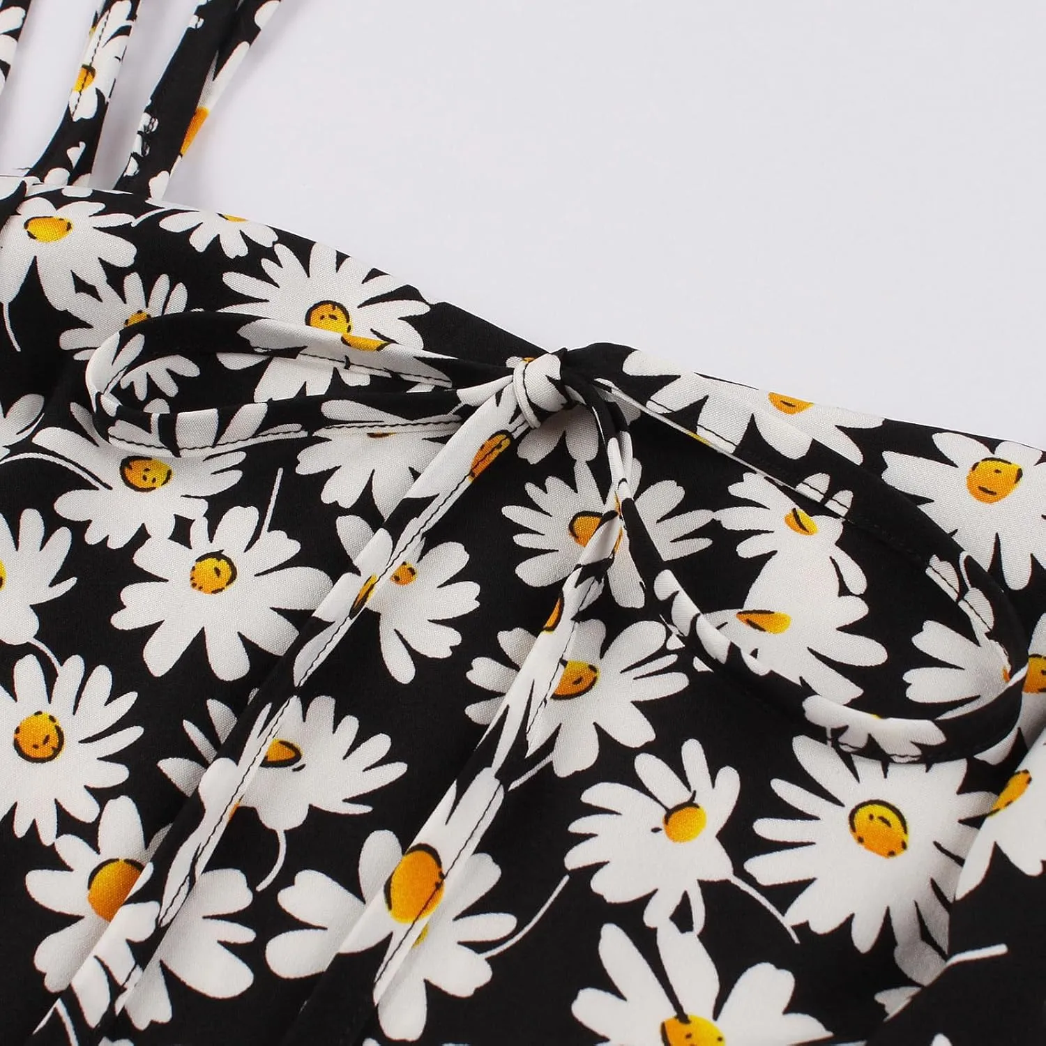 Women 1950s Retro Dress Daisy Print Swing Cocktail Dresses Spaghetti Straps Tie Front Plus Size Cute Tea Party Dress