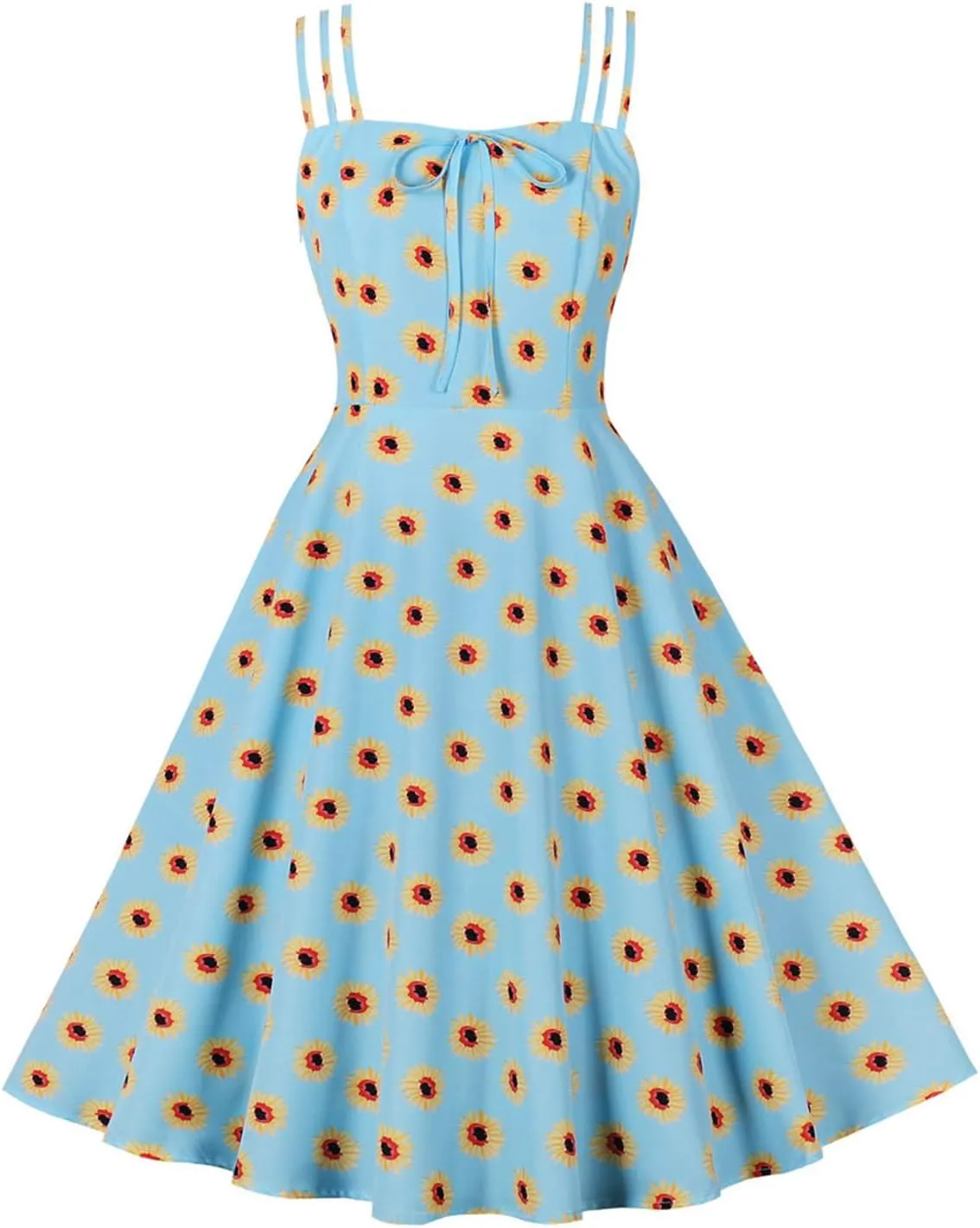 Women 1950s Retro Dress Daisy Print Swing Cocktail Dresses Spaghetti Straps Tie Front Plus Size Cute Tea Party Dress