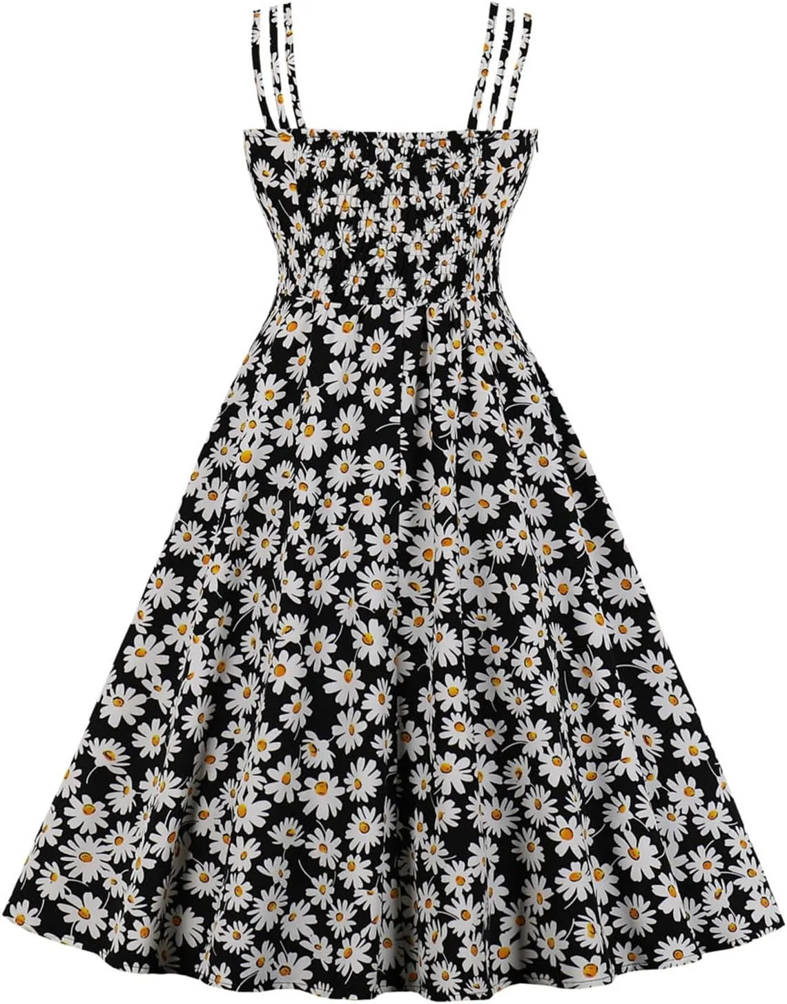 Women 1950s Retro Dress Daisy Print Swing Cocktail Dresses Spaghetti Straps Tie Front Plus Size Cute Tea Party Dress