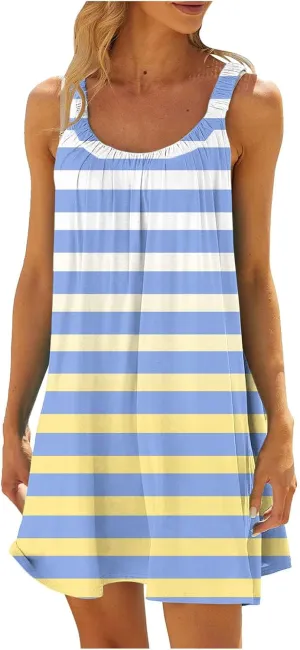 Women Beach Wear Dresses Summer Sleeveless Mini Dress Casual Floral Print Sundress Trendy Vacation Short