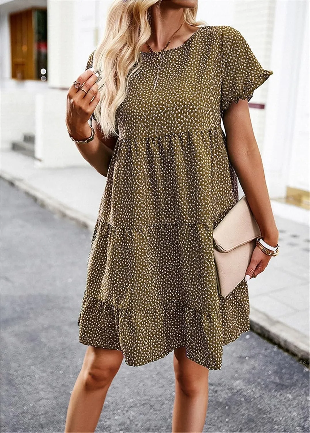 Women Casual Spring Summer Dresses O Neck Short Sleeve Ruffle Floral Flowy Boho Mini Short Beach Dress