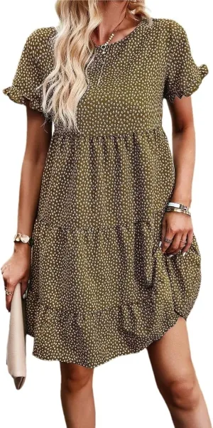 Women Casual Spring Summer Dresses O Neck Short Sleeve Ruffle Floral Flowy Boho Mini Short Beach Dress