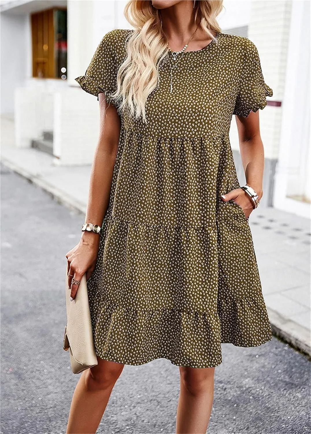 Women Casual Spring Summer Dresses O Neck Short Sleeve Ruffle Floral Flowy Boho Mini Short Beach Dress