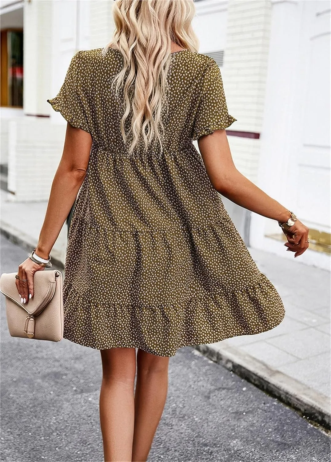 Women Casual Spring Summer Dresses O Neck Short Sleeve Ruffle Floral Flowy Boho Mini Short Beach Dress