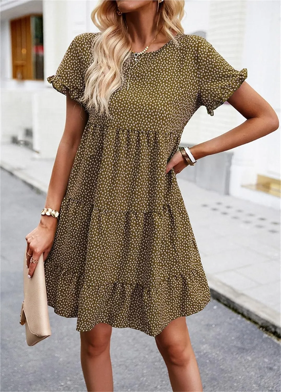 Women Casual Spring Summer Dresses O Neck Short Sleeve Ruffle Floral Flowy Boho Mini Short Beach Dress