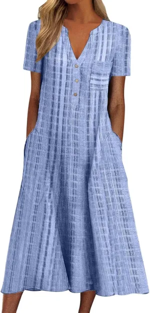 Women Casual Summer Stripe Button V Neck Sleeveless Pocket Holiday Dress Floral Sundress Midi Dress